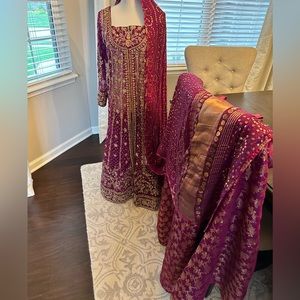 Beautiful new Haris Shakeel designer party 4 piece raspberry pishwas lengha